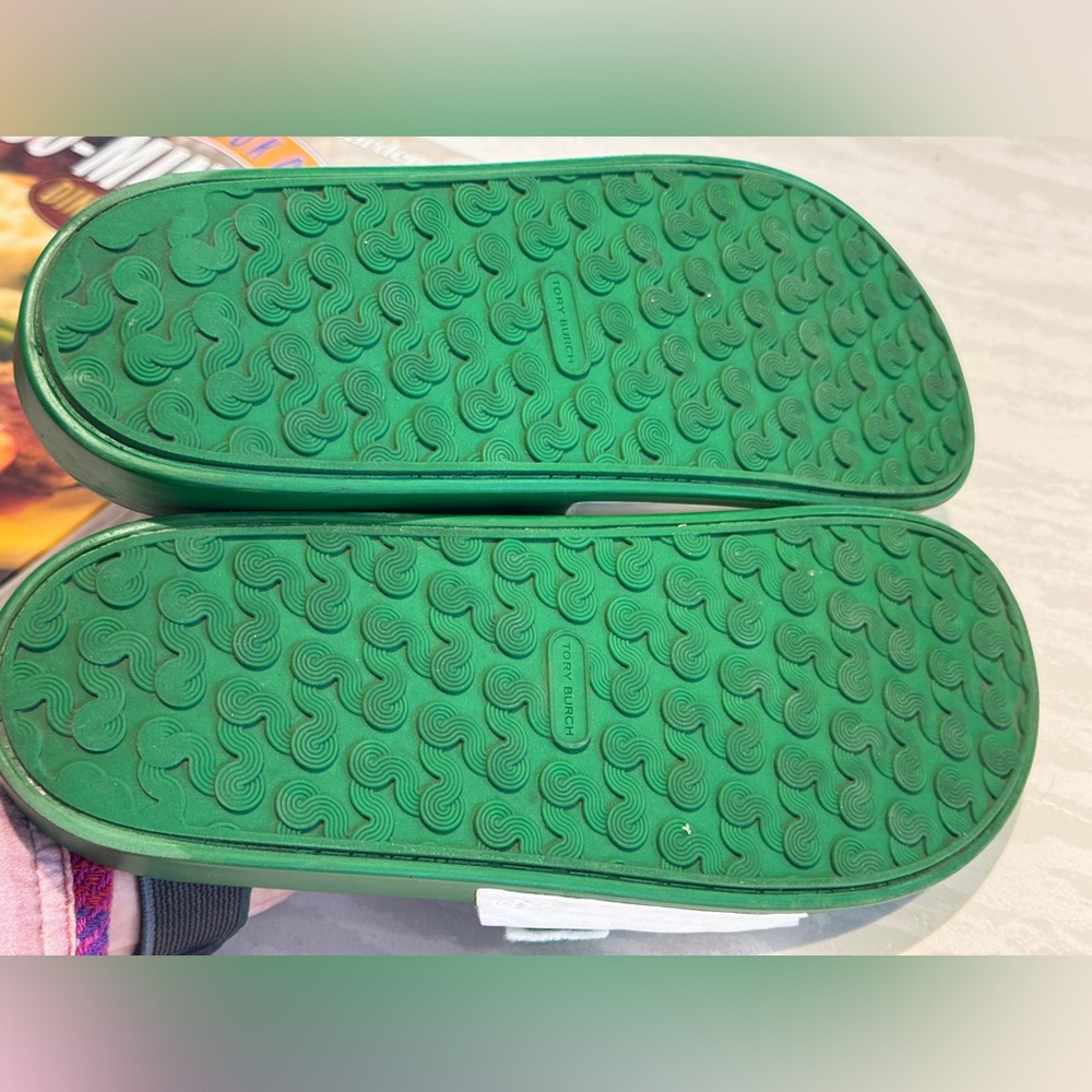 Tory Burch Green and White 'LOVE' Slide Sandals - Picture 4 of 4